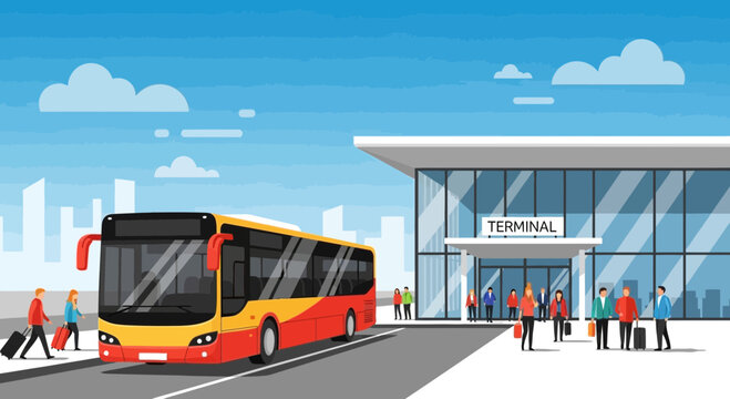 Bus terminal with people and modern building, transportation hub, travel concept