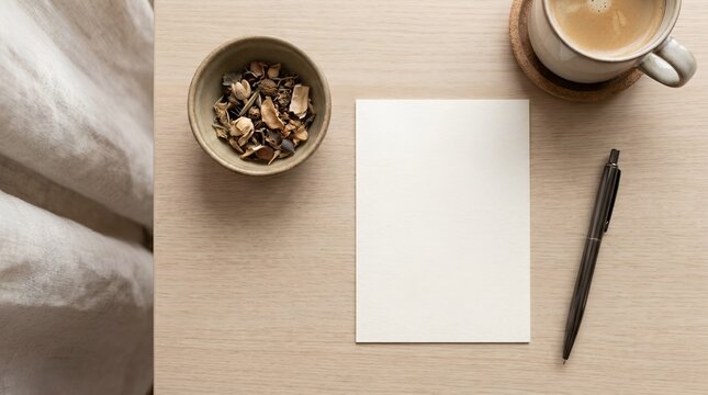 Blank white paper card mockup with coffee and dried flowers on wood table