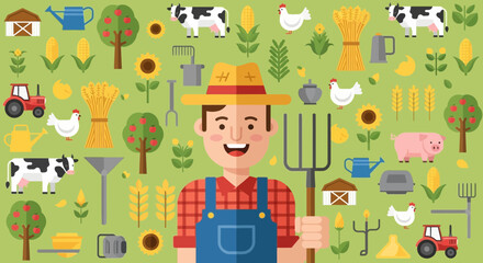 Fototapeta premium Happy Farmer Character with Farm Elements and Animals - Vector Illustration