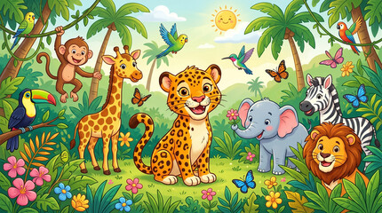 Naklejka premium Cute Baby Leopard with Jungle Animals in Sunny Tropical Forest Cartoon Illustration