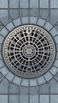 Close-up of modern circular drain cover on tiled pavement with geometric pattern and gray tones