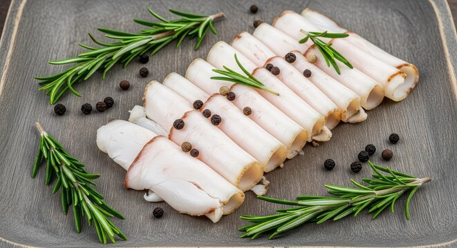 Translucent ribbons of white cured pork lard arranged neatly on a rustic wooden platter with sprigs of fresh rosemary and peppercorns, pork, still life, snack