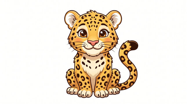 Cute Cartoon Leopard Cub Sitting with Friendly Smile Isolated on White Background