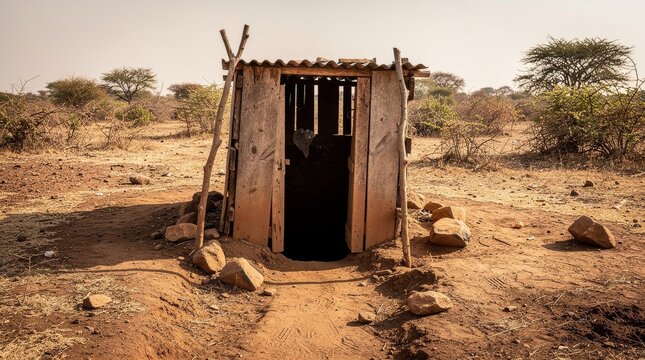 Rustic wooden outhouse in a dry rural landscape