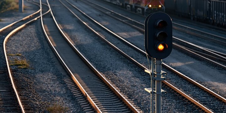 This image captures a railroad track signal displaying a blinking yellow light, an important alert for oncoming trains in a well-maintained railway environment.
