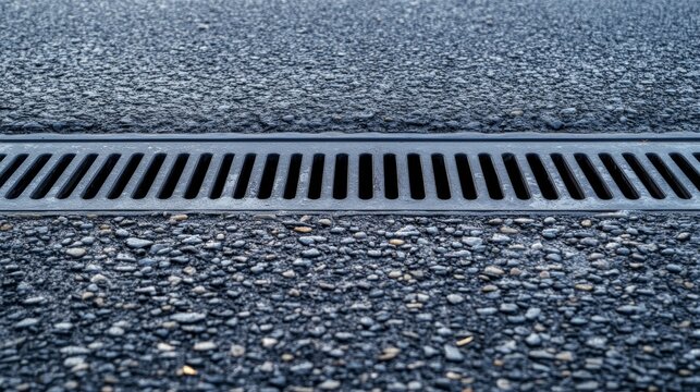 Drain system installed on a paved road to manage water flow during rainy weather in a city area