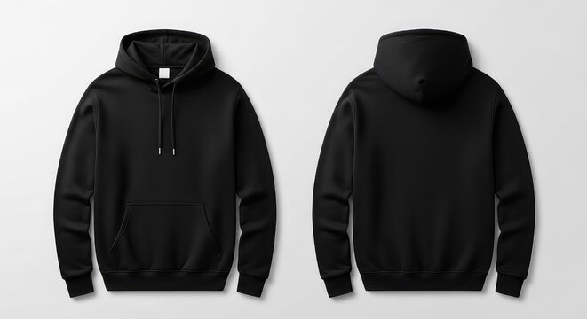 Vista frontal y posterior de una sudadera con capucha de color negro s&oacute;lido sobre un fondo neutro, ideal para dise&ntilde;o gr&aacute;fico y ropa urbana, sport, basic, view