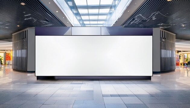 blank white advertising panel mockup in an empty shopping mall corridor modern retail interior with storefronts and a tiled floor for commercial promotion