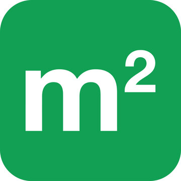 Green meter icon with white m and superscript 2 symbol for area measurement