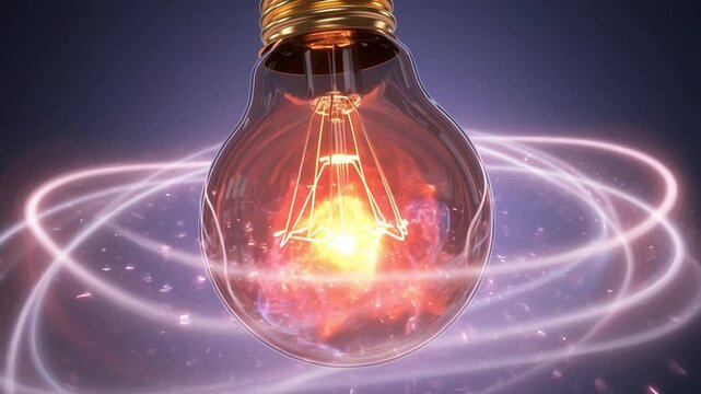 Incandescent light bulb glowing with abstract energy during a conceptualization sequence against a dark background