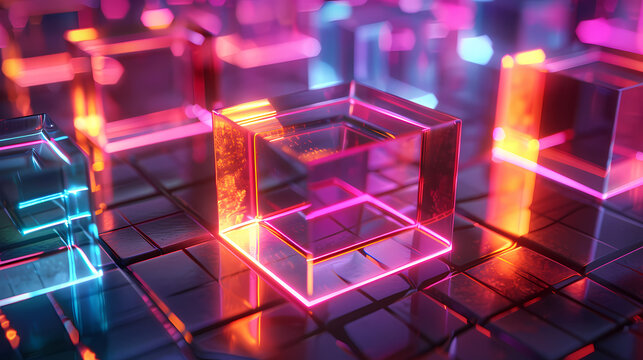 Layered neon squares with perspective displaying bright layered neon squares that produce powerful depth perspective, bright neon colors of layered squares intensify visual depth of perspective.