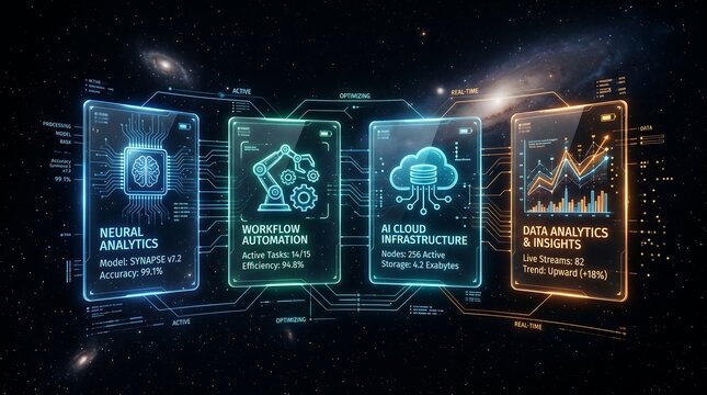 Futuristic ai analytics interface with neural networks and data insights on a space background