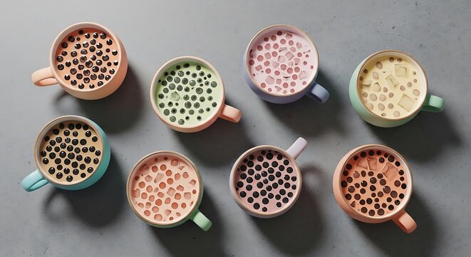 An assortment of colorful ceramic mugs filled with different flavors of delicious bobba tea with tapioca pearls, viewed from above.