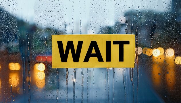 yellow sign with text wait taped on glass window with rainy urban street background concept of patience and delay