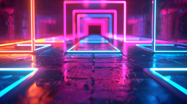 Layered neon squares with perspective showing bright neon squares layered to create compelling perspective art illusion, symmetrical composition of layered squares creates perfect perspective balance.