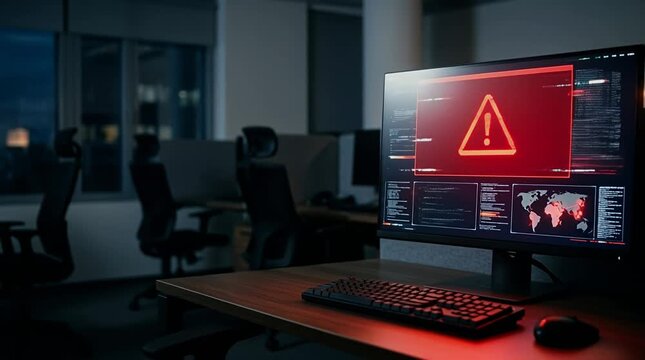 Dark Office Environment with Alert Notification on Computer Screen
