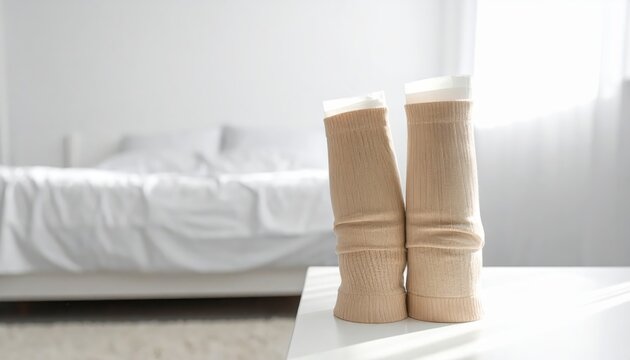 Pair of beige graduated compression stockings neatly folded on a white surface, with a blurred bedroom background