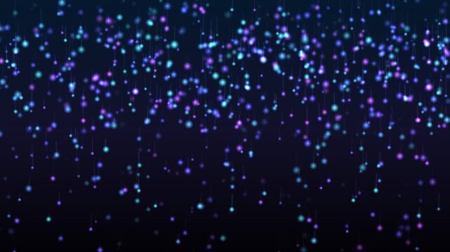 Blue and purple digital particles falling against a dark background