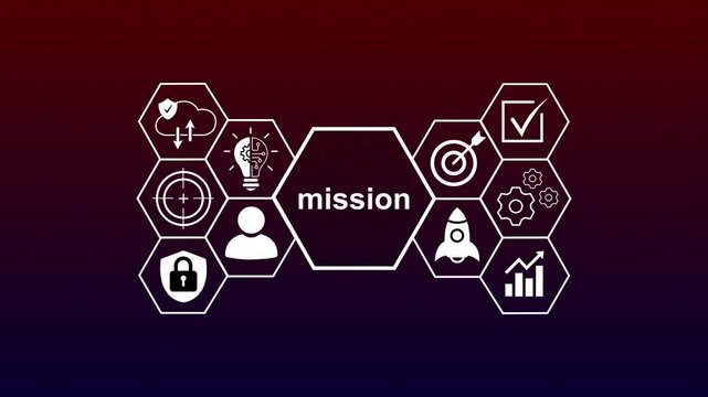 Abstract Business Mission Statement Concept Loop Animation with Corporate Hexagon Icons, Strategy Growth Target and Startup Innovation Motion Graphic