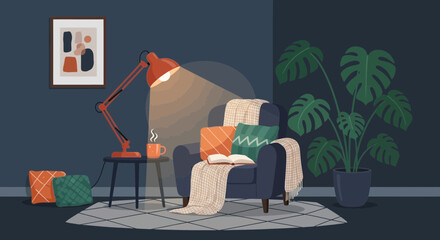 Cozy armchair with lamp, plant, and art in a modern living room at night. © Kamar