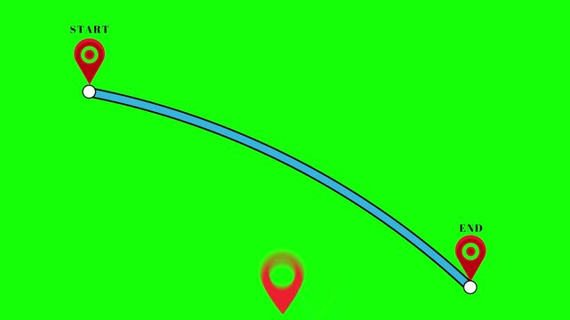 Map route animation displays a curved path connecting a starting point to a final destination on a vibrant green background, providing a clear visual representation of travel logistics and navigation.