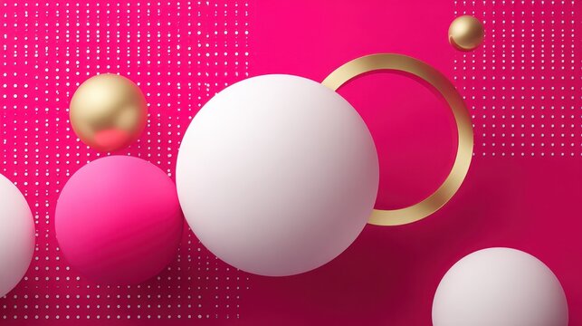 Three dimensional geometric shapes float above a bright pink background texture with tiny white dots