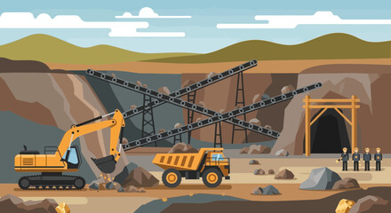 Open-pit mine with excavator, dump truck, conveyor belts and mine entrance. © Kamar