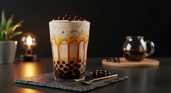 A delicious glass of brown sugar bobba tea with tapioca pearls and caramel stripes served on a black slate coaster with a warm light background.