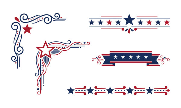 Patriotic corner flourishes and star borders for fourth of july designs
