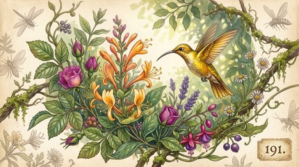Fototapeta premium Vibrant hummingbird in lush floral arrangement with dragonflies