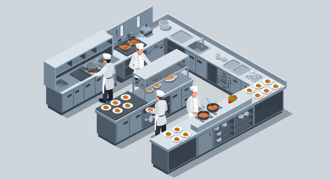 Isometric illustration of a commercial kitchen.