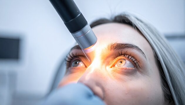 Ophthalmologist examining a patient's eye with a bright penlight to check pupil dilation