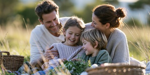 Fototapeta premium A loving family enjoys togetherness in a sunlit field, sharing laughter and joy while embracing the beauty of nature, celebrating life's simple pleasures and quality time.