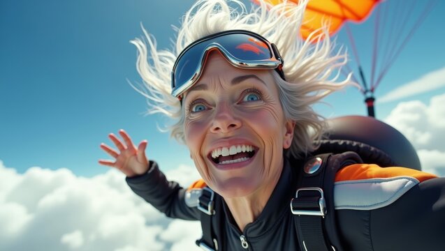 Female skydiver with silver hair smiles widely while free falling through clouds, wearing goggles and a black jumpsuit with orange accents against a blue sky
