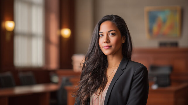 Professional prosecutor portrait with blurred courthouse background, cinematic office lighting