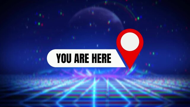 You are here signpost stands as a bold navigational indicator on a retro-futuristic digital grid, marking a specific present position within a vast virtual landscape for user interface applications.