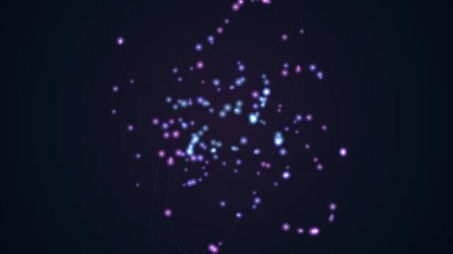 Atomic structure with glowing purple and blue particles orbiting