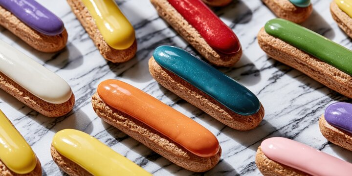 This image showcases a vibrant array of eclairs artfully arranged on a marble surface, enticing the viewer with their glossy, colorful icing and unique flavors.