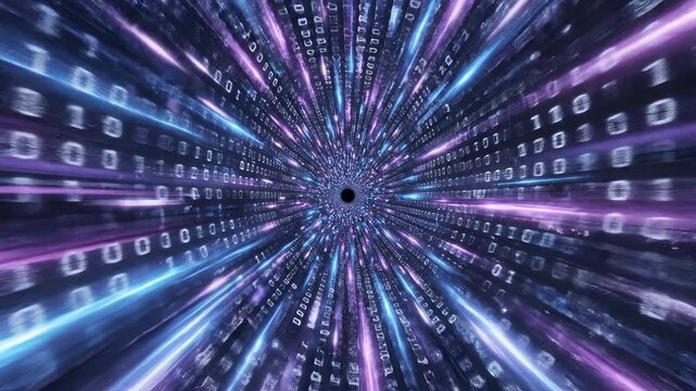 Abstract Digital Tunnel of Binary Code and Light Streaks.