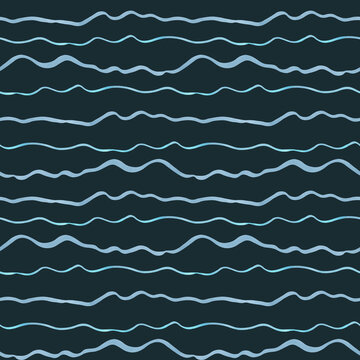 Seamless pattern of wavy blue lines. Watercolor illustration. Abstract elements in a cute nautical style. Background for fabric, textiles and underwater themed wallpaper. Hand drawn isolated art