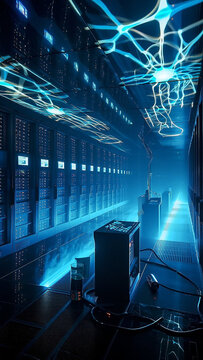 Hightech server room with glowing blue lights and digital network patterns projected on the ceiling and walls creating a futuristic atmosphere transparent background