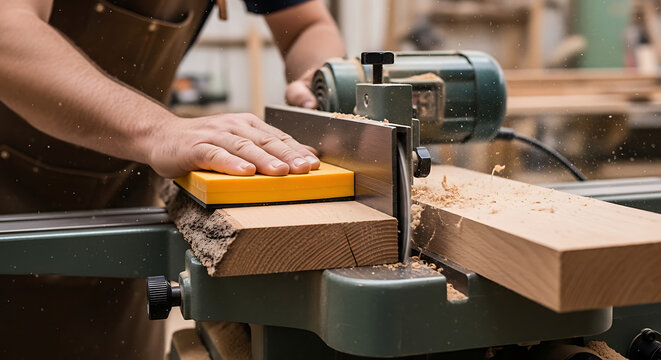 Professional woodworker using industrial jointer machine to flatten long timber plank while guiding wood with safety push pad block in carpentry workshop during manufacturing process.