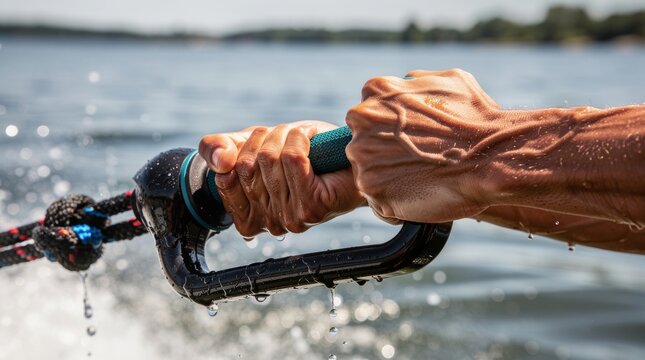 Close-up of Hand Gripping Wakeboard Handle on Water