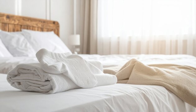 Pair of pristine white compression socks neatly folded on a freshly made bed with soft daylight
