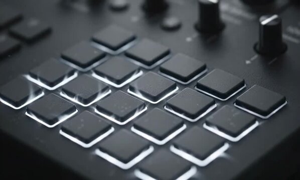 Electronic drum pad grid activates with flowing LED lights indicating ready music production system