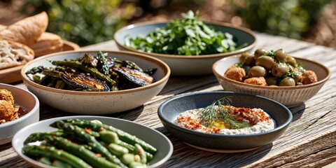 Fototapeta premium A beautifully arranged platter showcases a variety of fresh appetizers, including grilled vegetables, olives, and creamy dips in an outdoor setting emphasizing culinary delight.