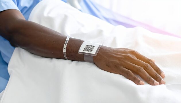 Patient identification wristband with scannable barcode securely fastened to an arm in a hospital setting