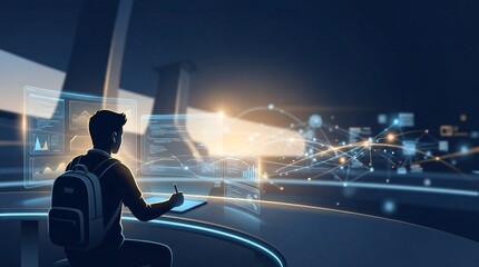 Fototapeta premium Student using AI powered learning dashboard in futuristic classroom