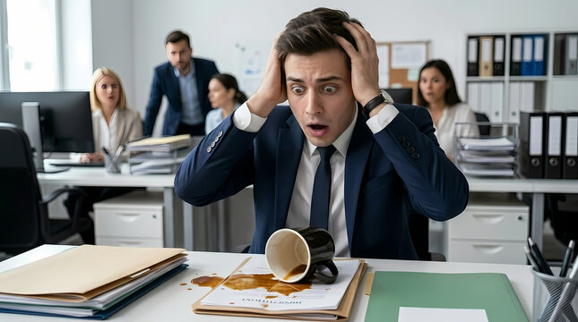 A young clerk in a suit and tie spilled coffee on an important document. His face was contorted in a grimace of panic and horror, the office background blurred.