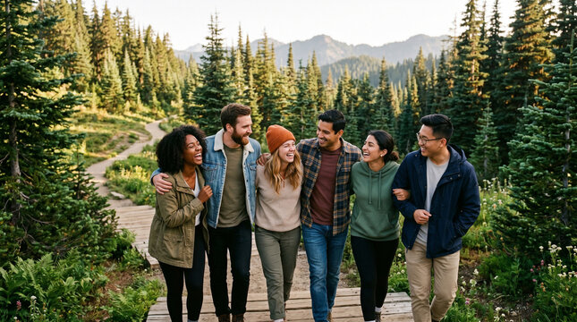 Diverse group of friends supporting each other with genuine smiles and positive emotional connection, concept of trust and companionship,  International Friendship Day,